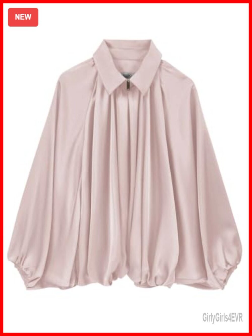 Satin Puffed Bomber Jacket Oversized Batwing Sleeve Lapel Collar Zip Up